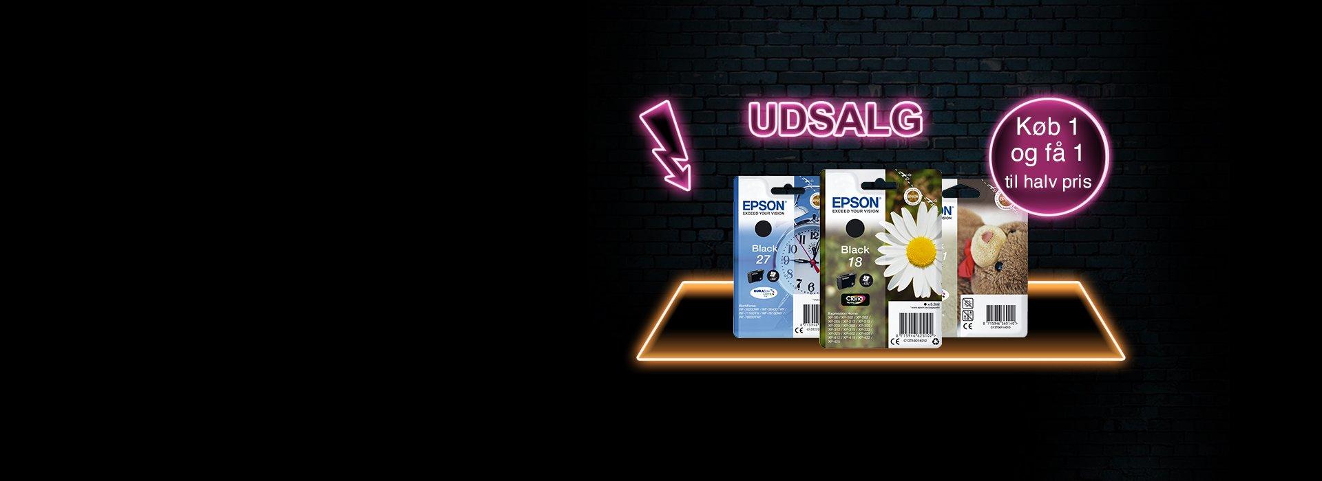 3 Epson Cartridge packs with a pink Flash Sale sign and arrow pointing at them against a black background