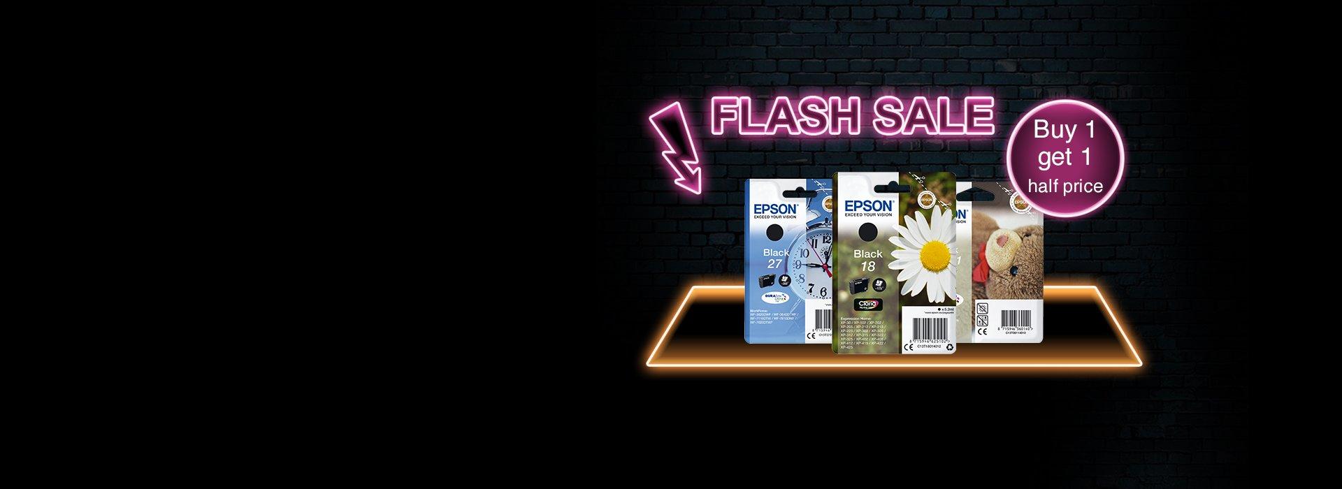 3 Epson Cartridge packs with a pink Flash Sale sign and arrow pointing at them against a black background