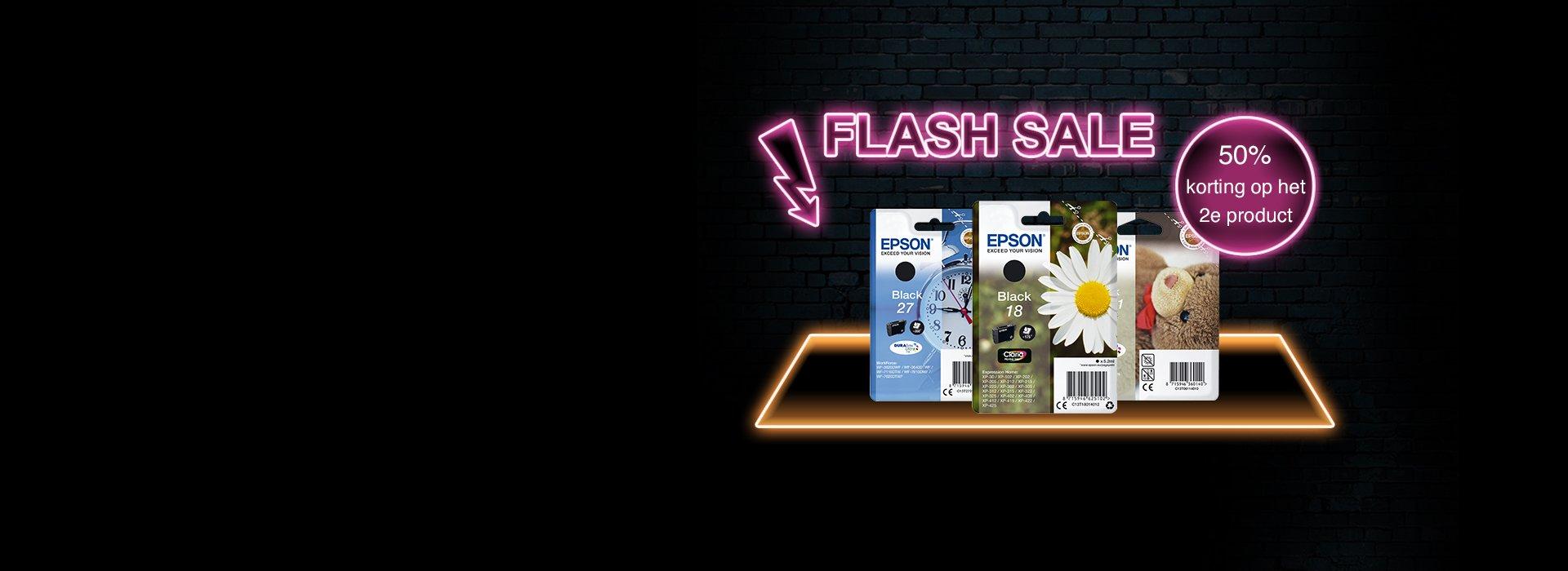 3 Epson Cartridge packs with a pink Flash Sale sign and arrow pointing at them against a black background