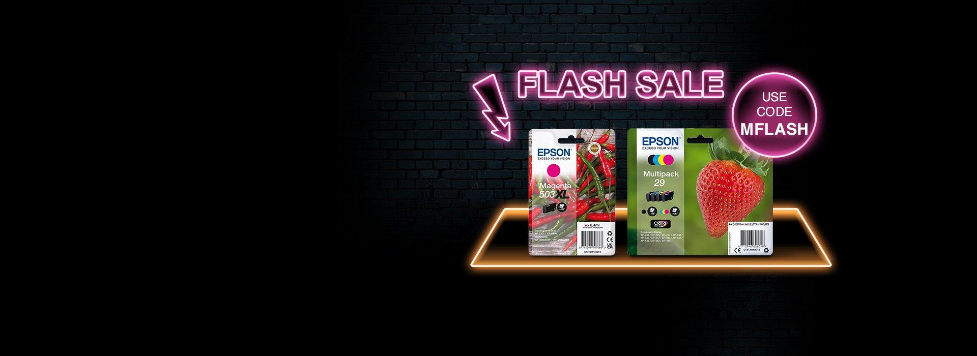 Two Epson cartridges against a black background with a pink neon Flash Sale sign with an arrow pointing to them from above.