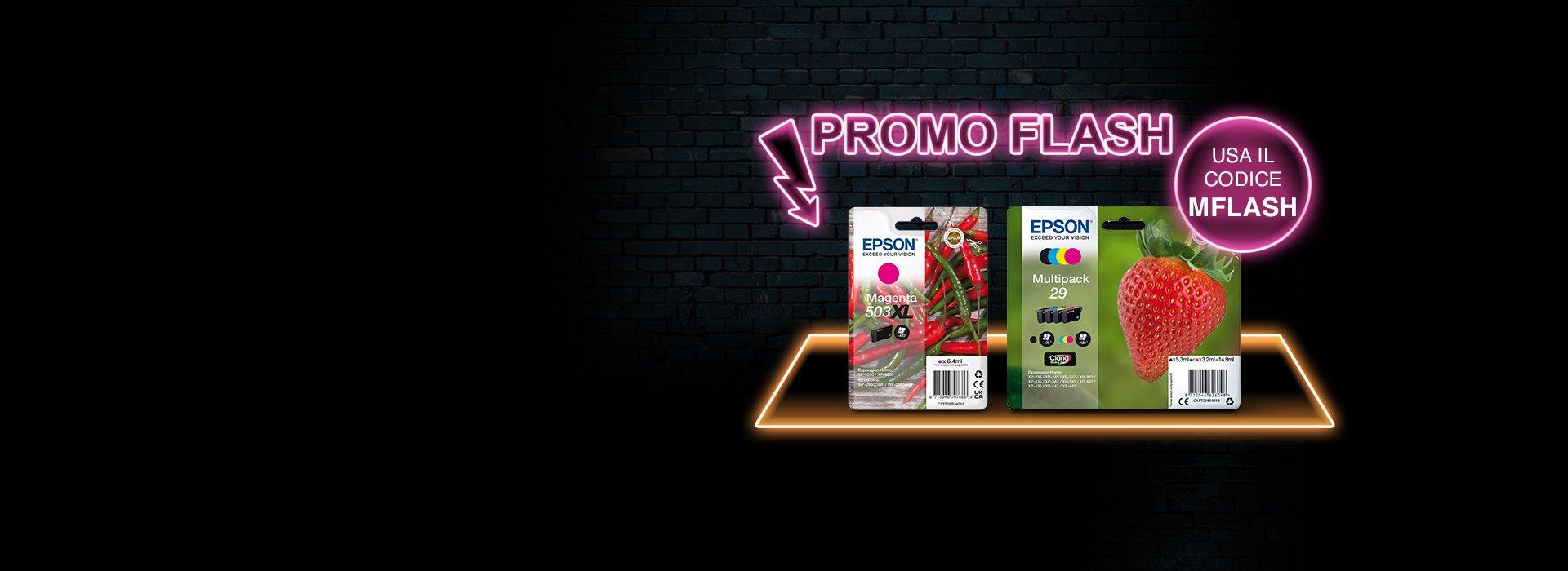 Two Epson cartridges against a black background with a pink neon Flash Sale sign with an arrow pointing to them from above.