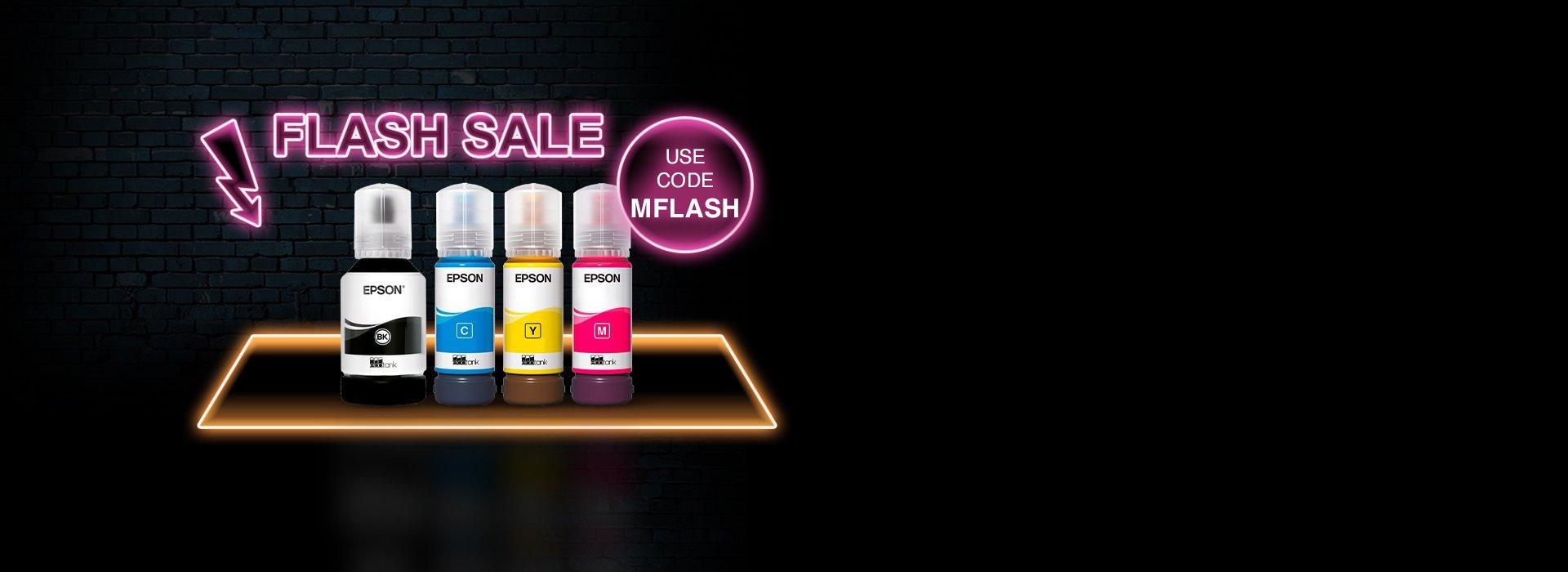 Four Epson ink bottles against a black background with a pink neon Flash Sale sign with an arrow pointing to them from above.