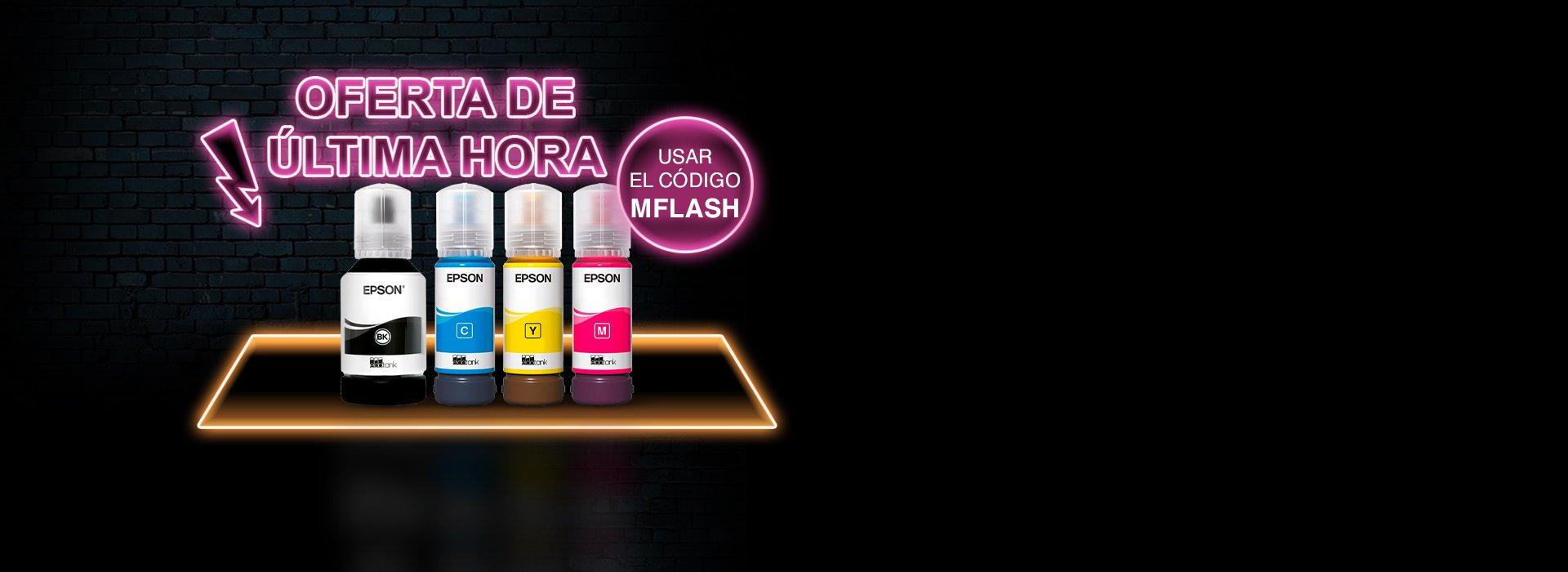 Four Epson ink bottles against a black background with a pink neon Flash Sale sign with an arrow pointing to them from above.