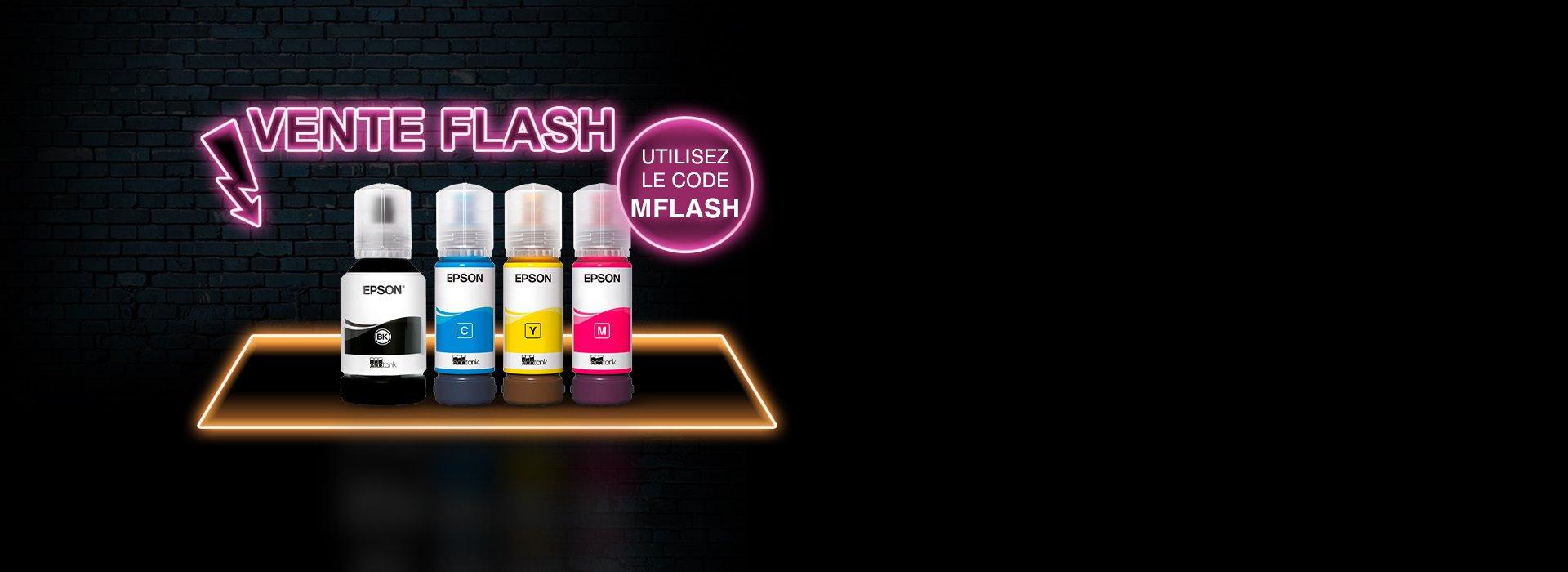 Four Epson ink bottles against a black background with a pink neon Flash Sale sign with an arrow pointing to them from above.
