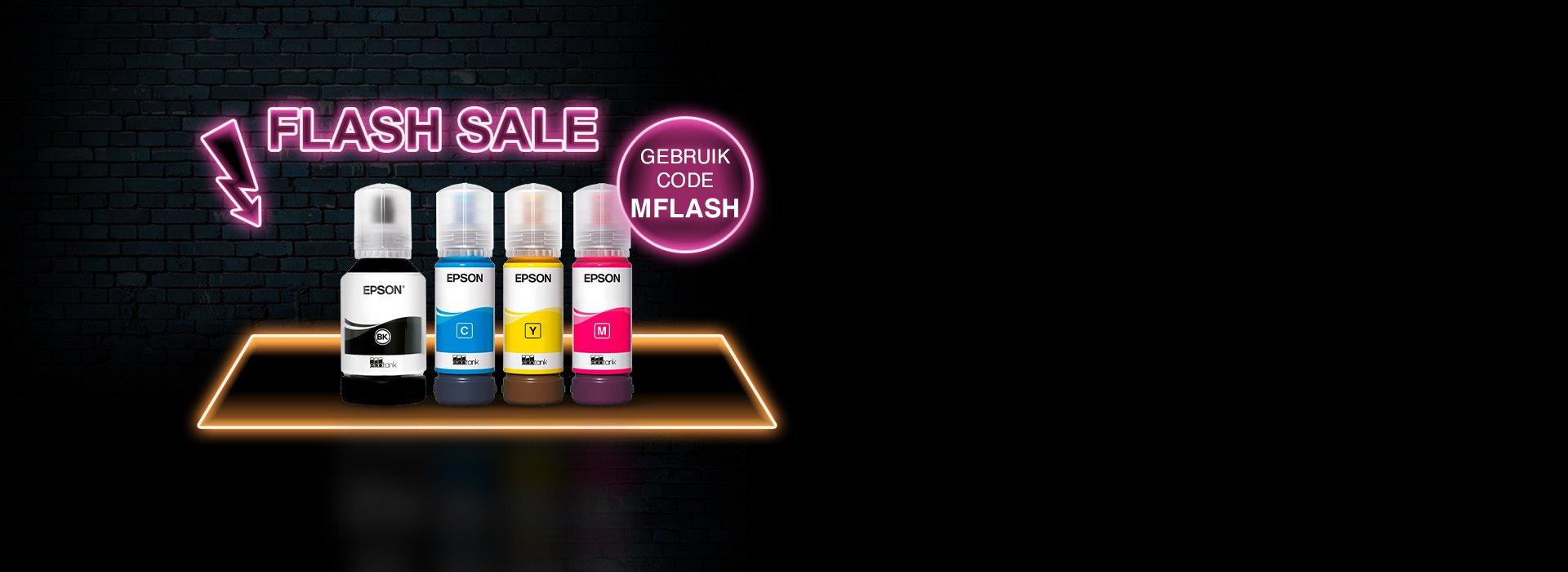 Four Epson ink bottles against a black background with a pink neon Flash Sale sign with an arrow pointing to them from above.