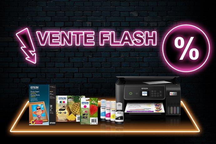 Flash Sale promotion image with printers, ink and cartidges.