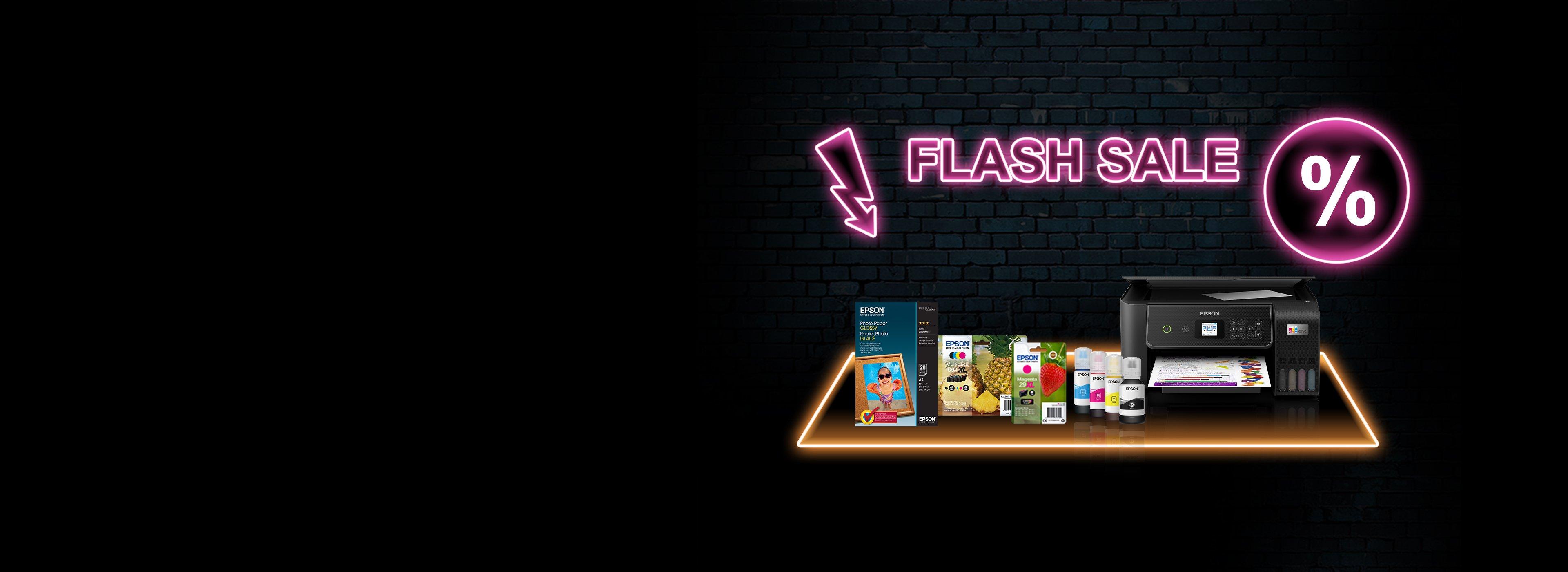 Flash Sale promotion image with printer, inks and cartidges
