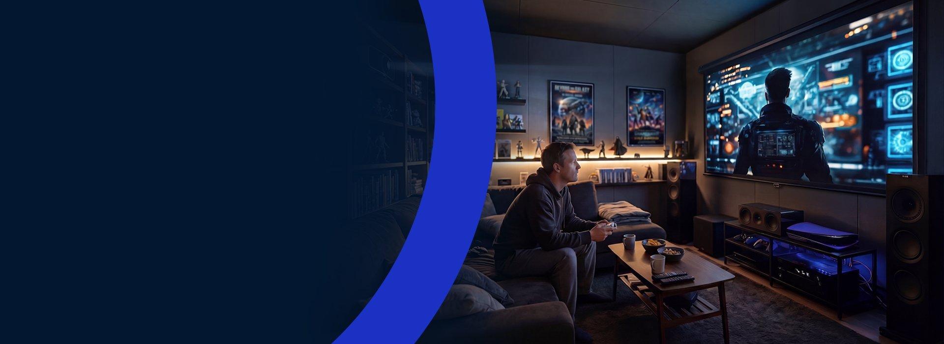 A man playing a football video game on a large projector screen
