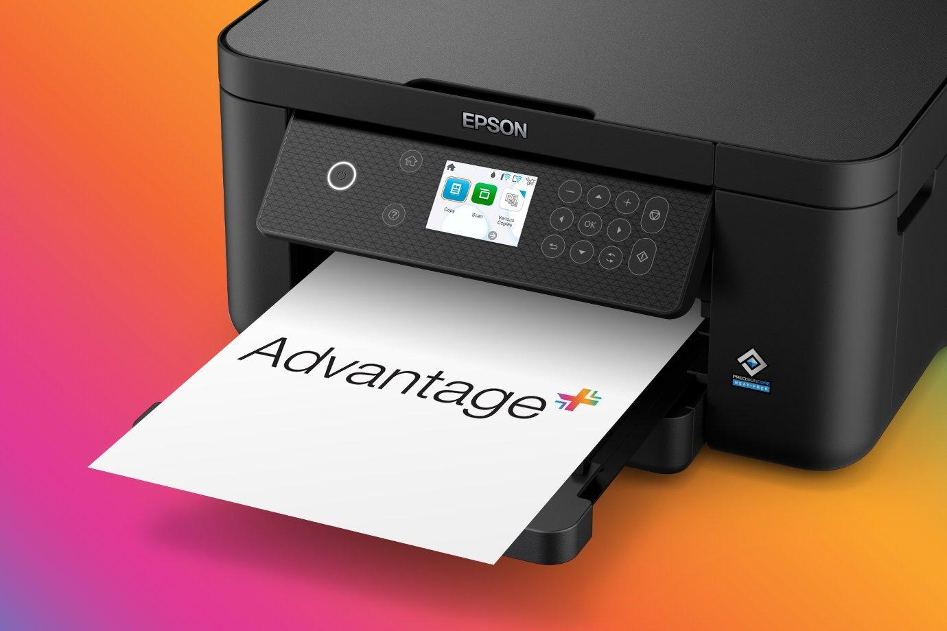 A sleek black Epson printer on a vibrant gradient background prints a paper with the word "Advantage" and a colorful plus icon. The printer's control panel is visible.