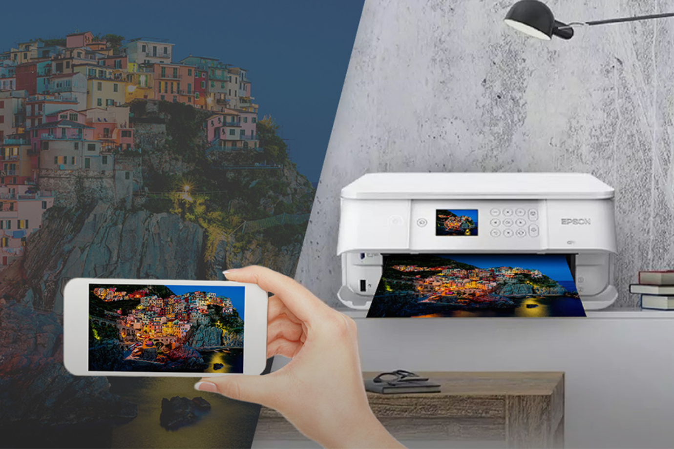 A person holds a smartphone showing a colorful coastal town at dusk. Nearby, an Epson printer prints the same image, emphasizing seamless tech integration.