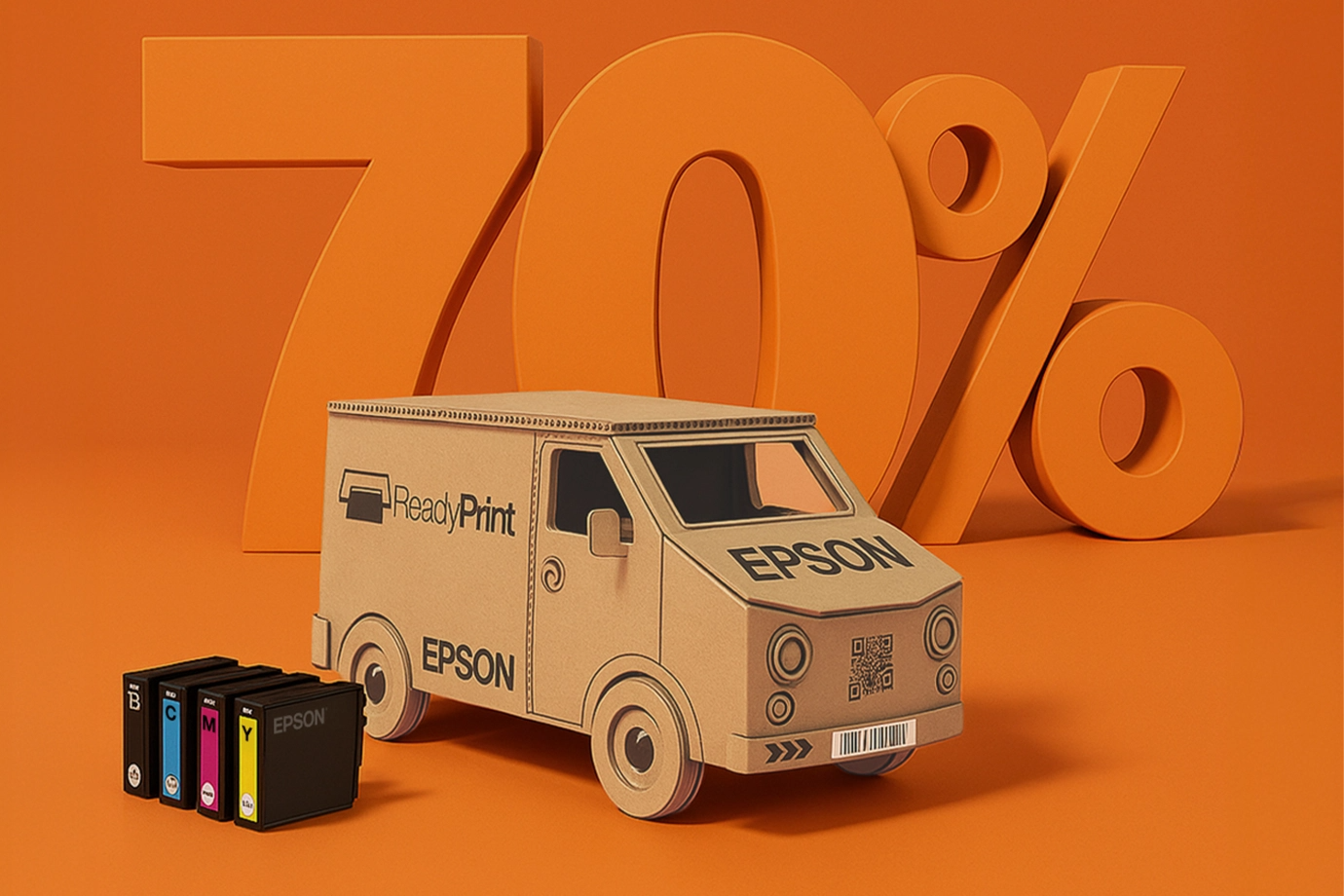 Cardboard van labeled "Epson" with ink cartridges beside it on an orange background. A large "70%" is prominent in the background.