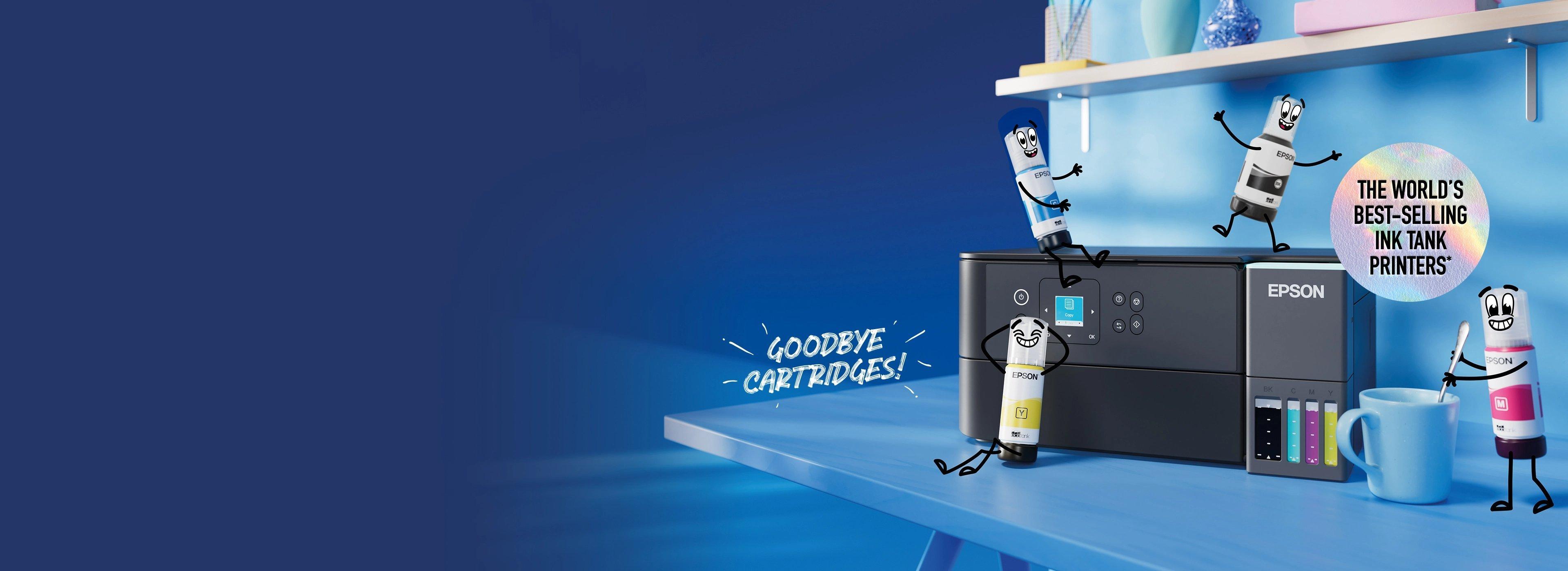 Cartoon ink bottles cheerfully surround an Epson printer on a blue desk, with “Goodbye Cartridges!” text; conveys innovation and joy.