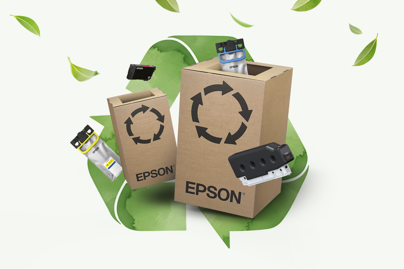 Epson ink cartridges emerge from two cardboard boxes with recycling symbols, set against a green recycling logo and scattered leaves, conveying sustainability.