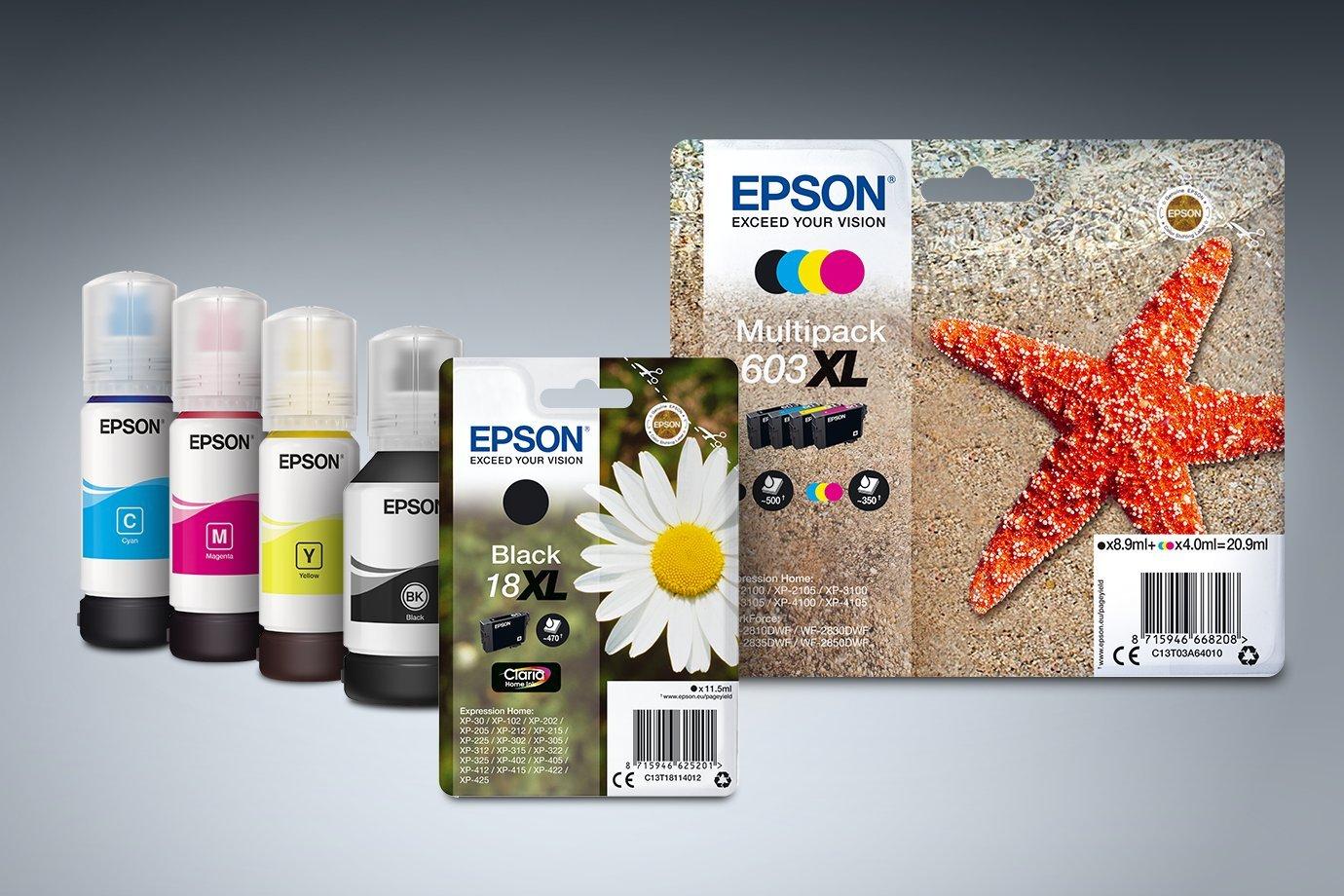 Epson ink cartridges and refill bottles are displayed. The multipack features a starfish on sand. Individual packaging has a daisy. Bright and colorful.
