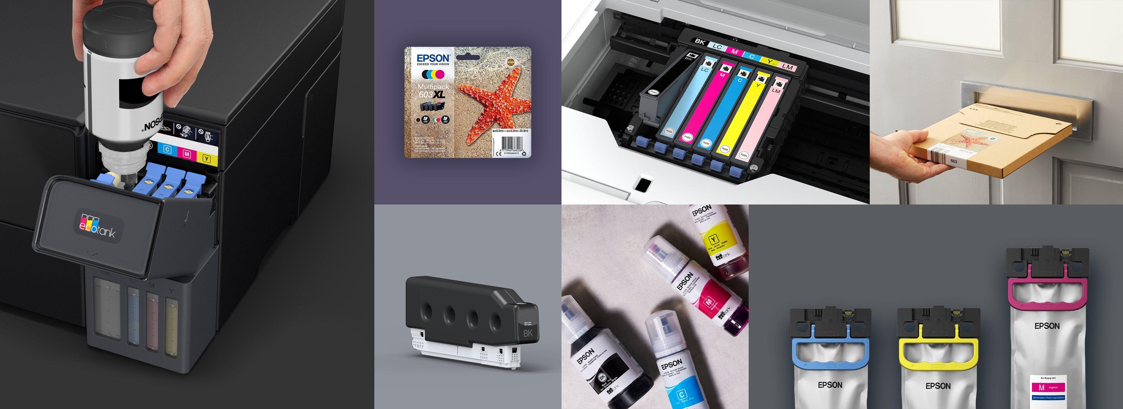 A collage of ink-related images featuring ink bottles being refilled, printer ink cartridges, and colorful Epson ink packages, emphasizing vibrant printing.