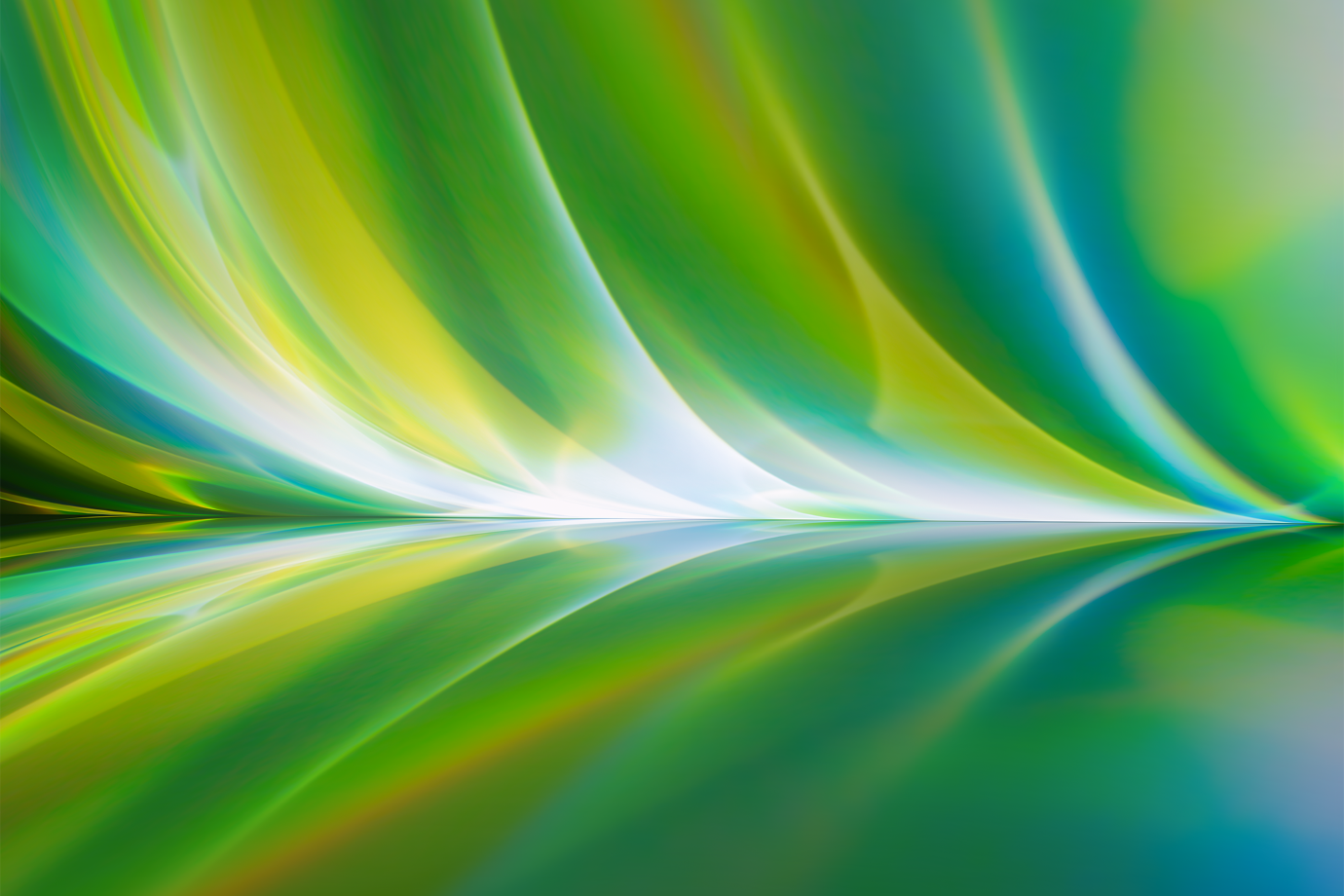 Abstract image featuring vibrant, flowing curves in shades of green, blue, and yellow. The smooth lines create a serene, reflective atmosphere.
