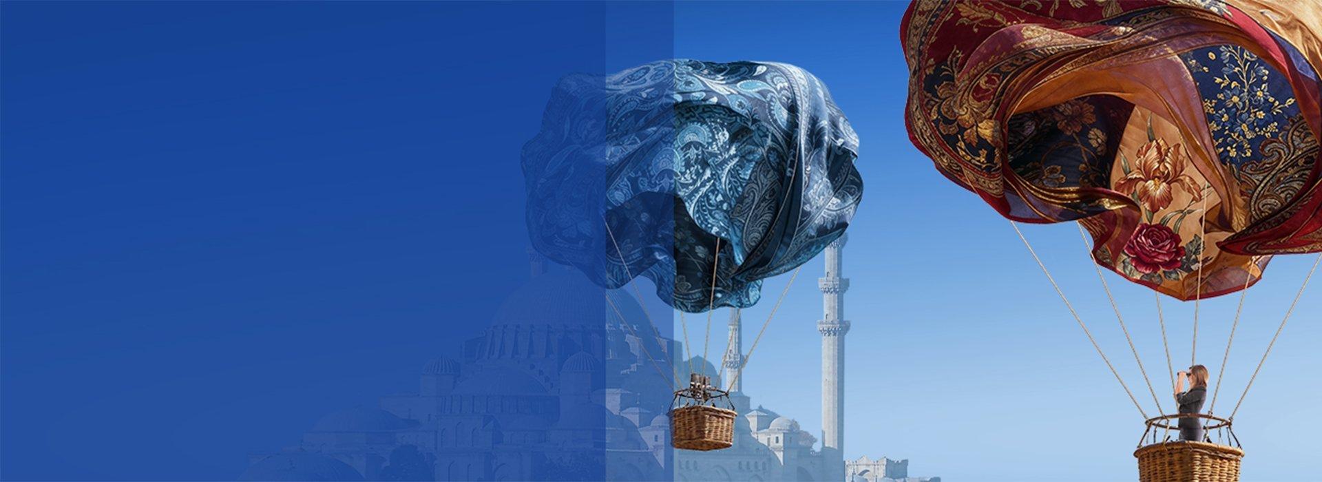 3 hot air balloons, with the balloons made of Como fabrics. An impressive domed building is in the background.