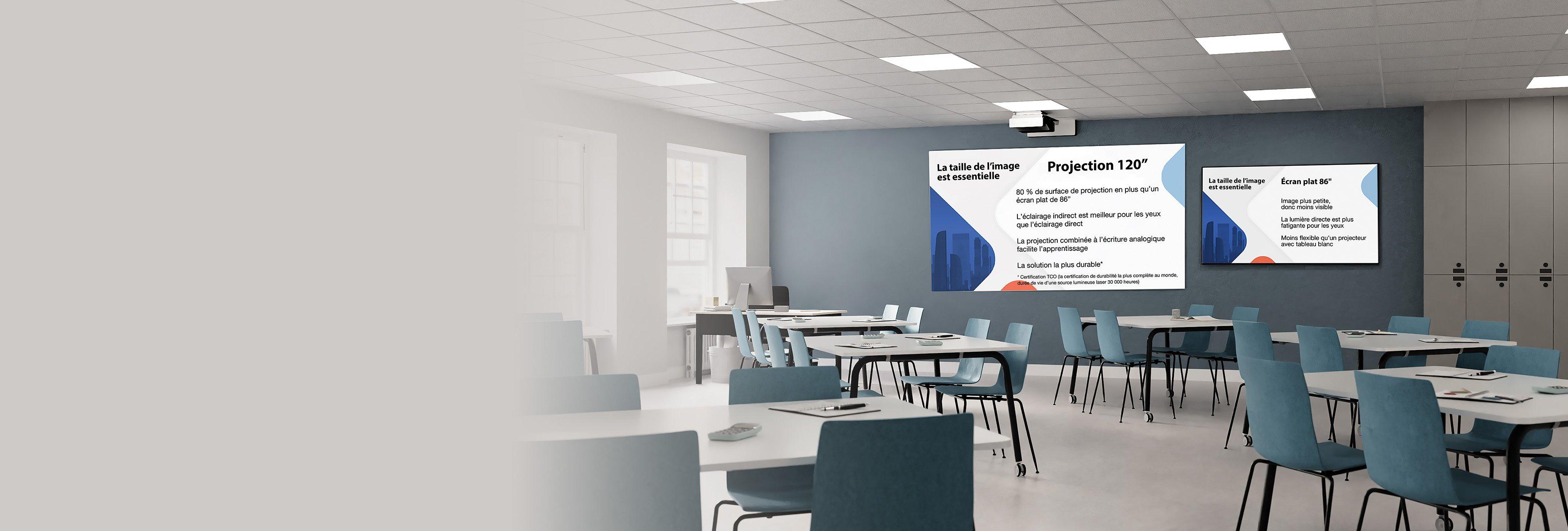 A short-throw projector showing the difference between 120 and 85 inch displays in a classroom.