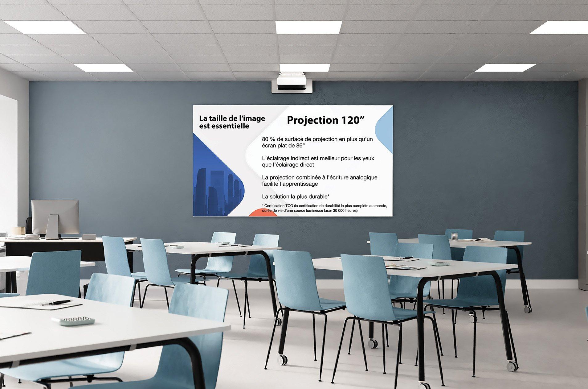 A short-throw projector displaying on a 120 inch screen in an education environment