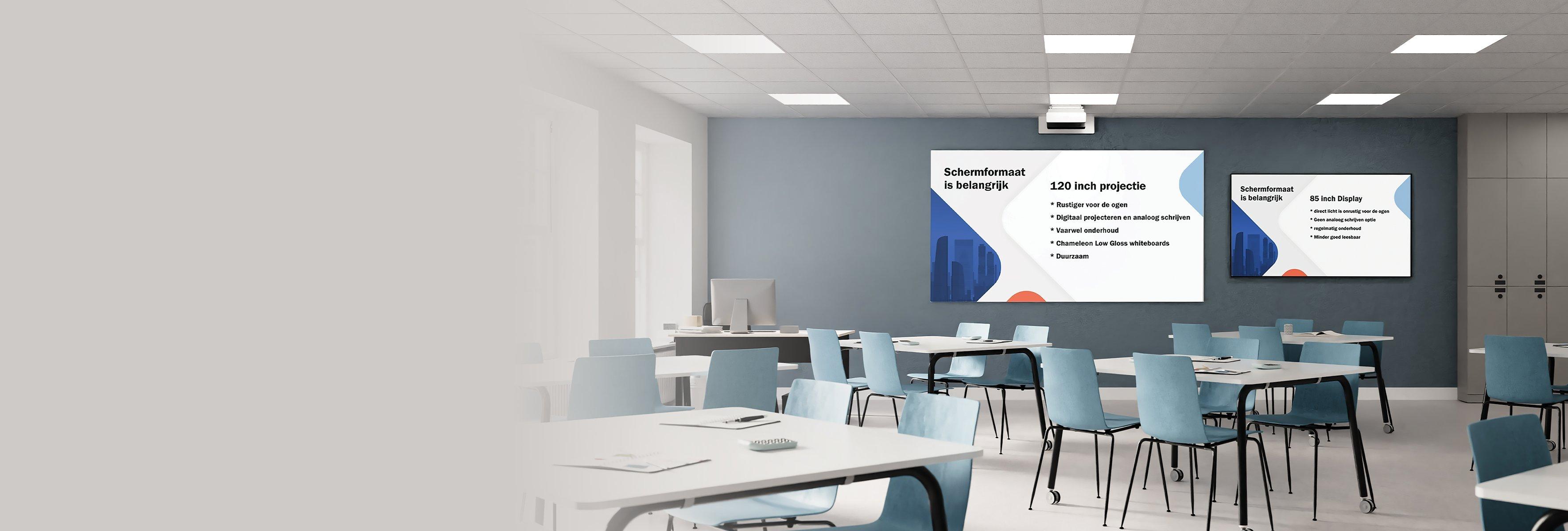 A short-throw projector showing the difference between 120 and 85 inch displays in a classroom.