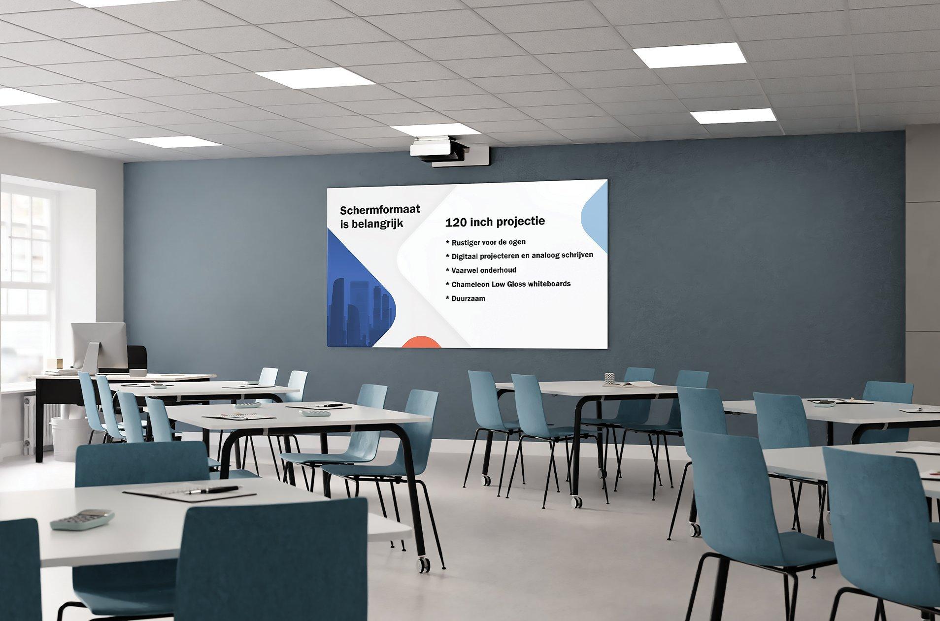 A short-throw projector displaying on a 120 inch screen in an education environment