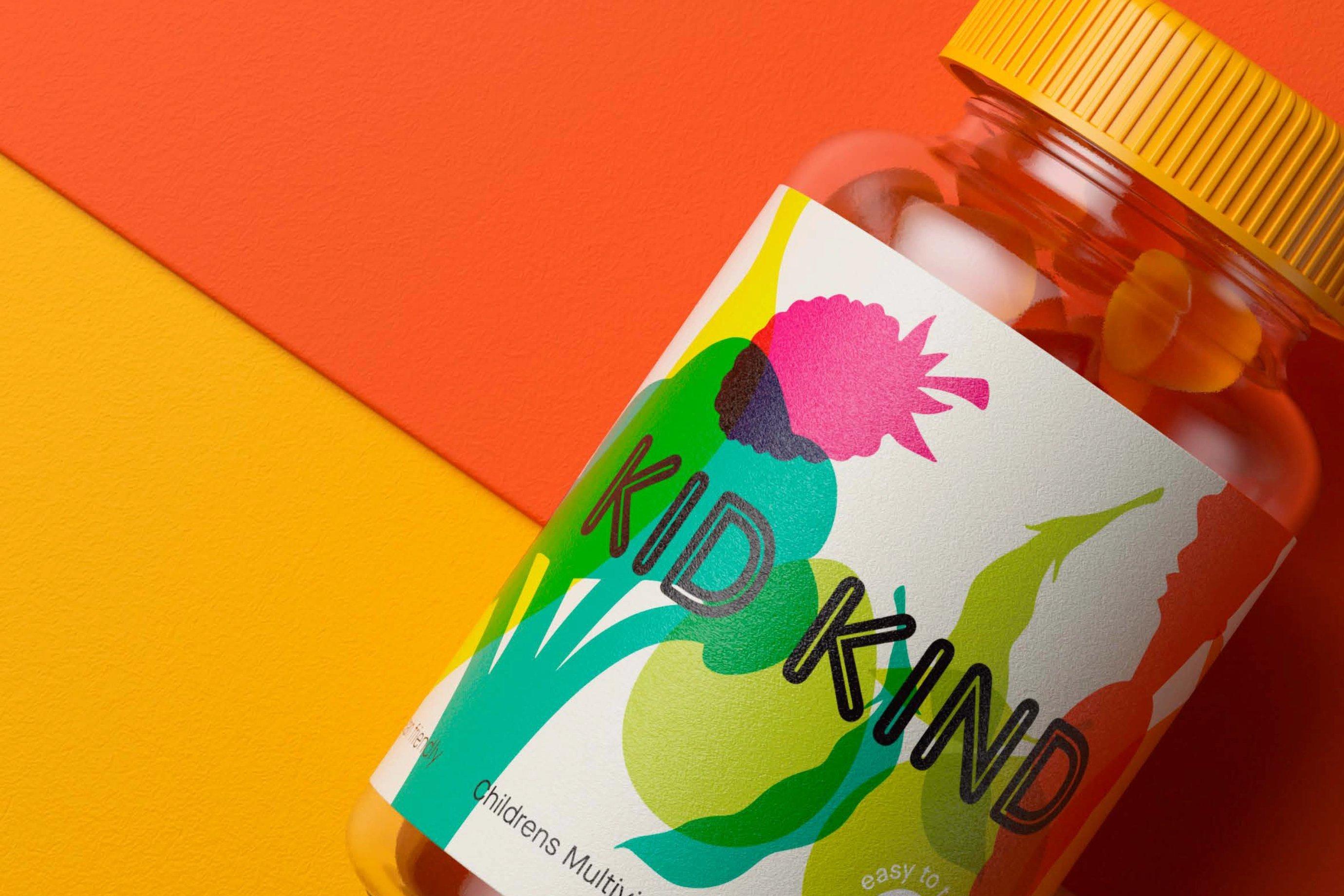 A vibrant bottle of "Kid Kind" children's multivitamins with a colorful, abstract label.
