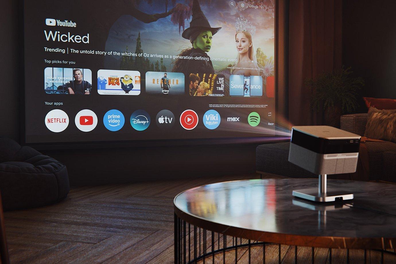 A home theatre setup with a projector displaying a streaming interface on a screen. Apps like Netflix and Disney+ are visible. Cozy, ambient lighting.