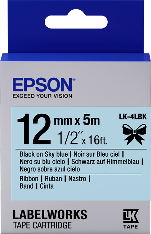 Ruban satin pour étiqueteuse Epson LK-4LBK Noir/Bleu ciel 12 mm (5 m), Fournitures pour étiqueteuses, Encre & papier, Produits