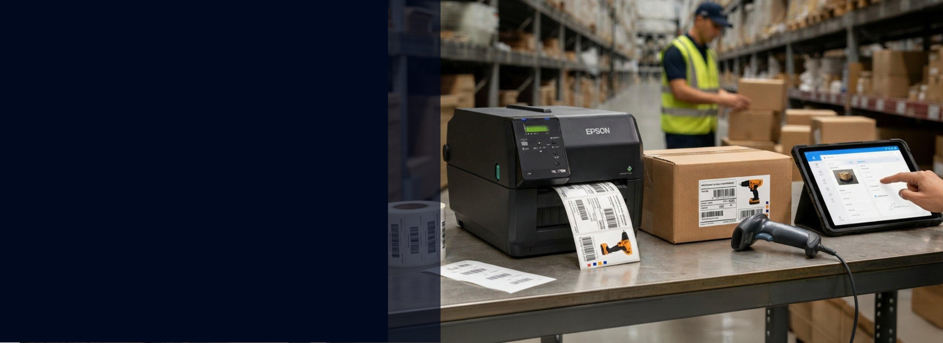 An Epson label printer on a table in a logistics centre.