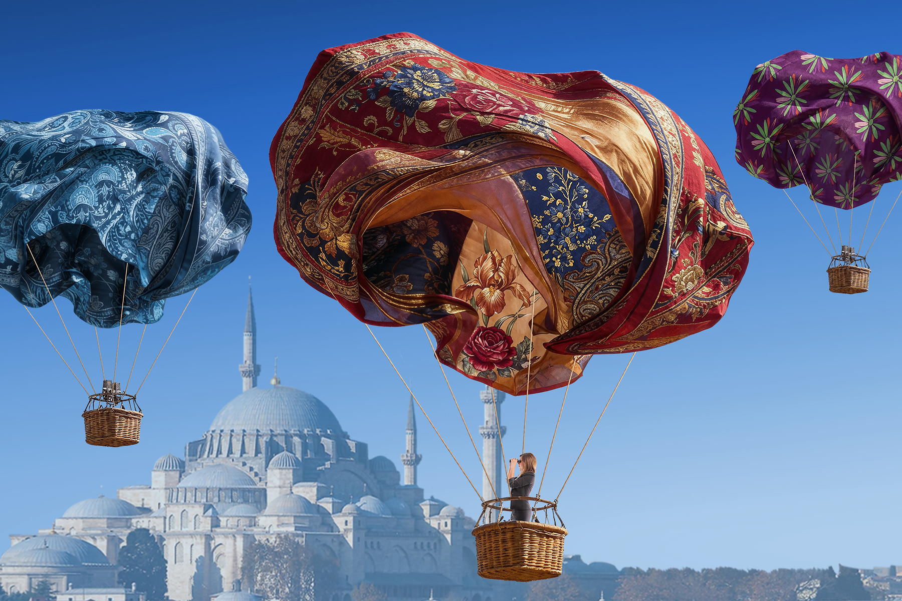 3 hot air balloons, with the balloons made of Como fabrics. An impressive domed building is in the background.