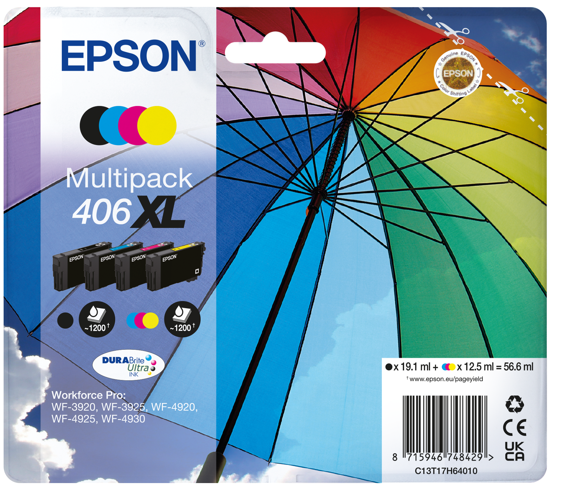 Multipack 4-kleuren 406XL Paraplu DURABrite Ultra-inkt