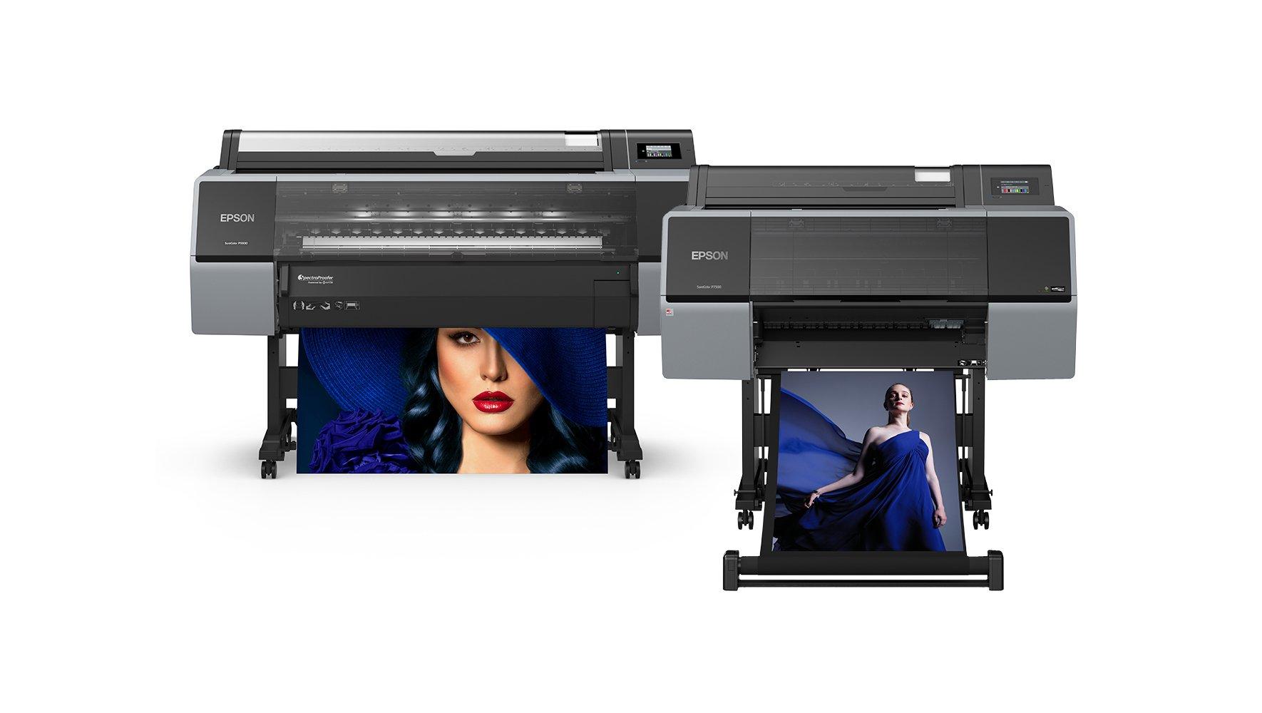 Two SC-P printers with prints of a lady in blue
