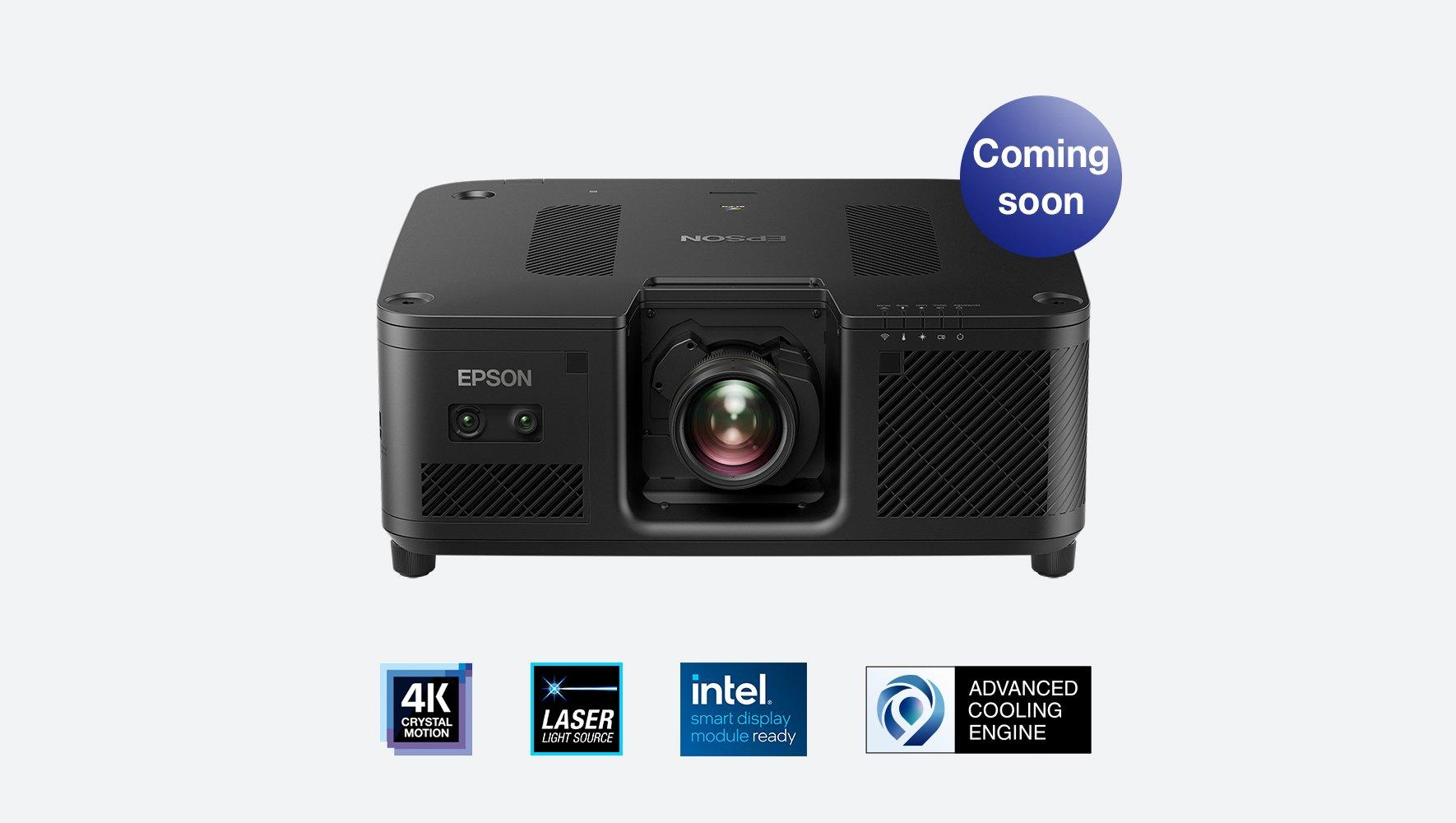 Projector EB-XQ2030B with several logos below, featuring 4K Crystal Motion, Laser Light Source, Intel, and Advanced Cooling Engine