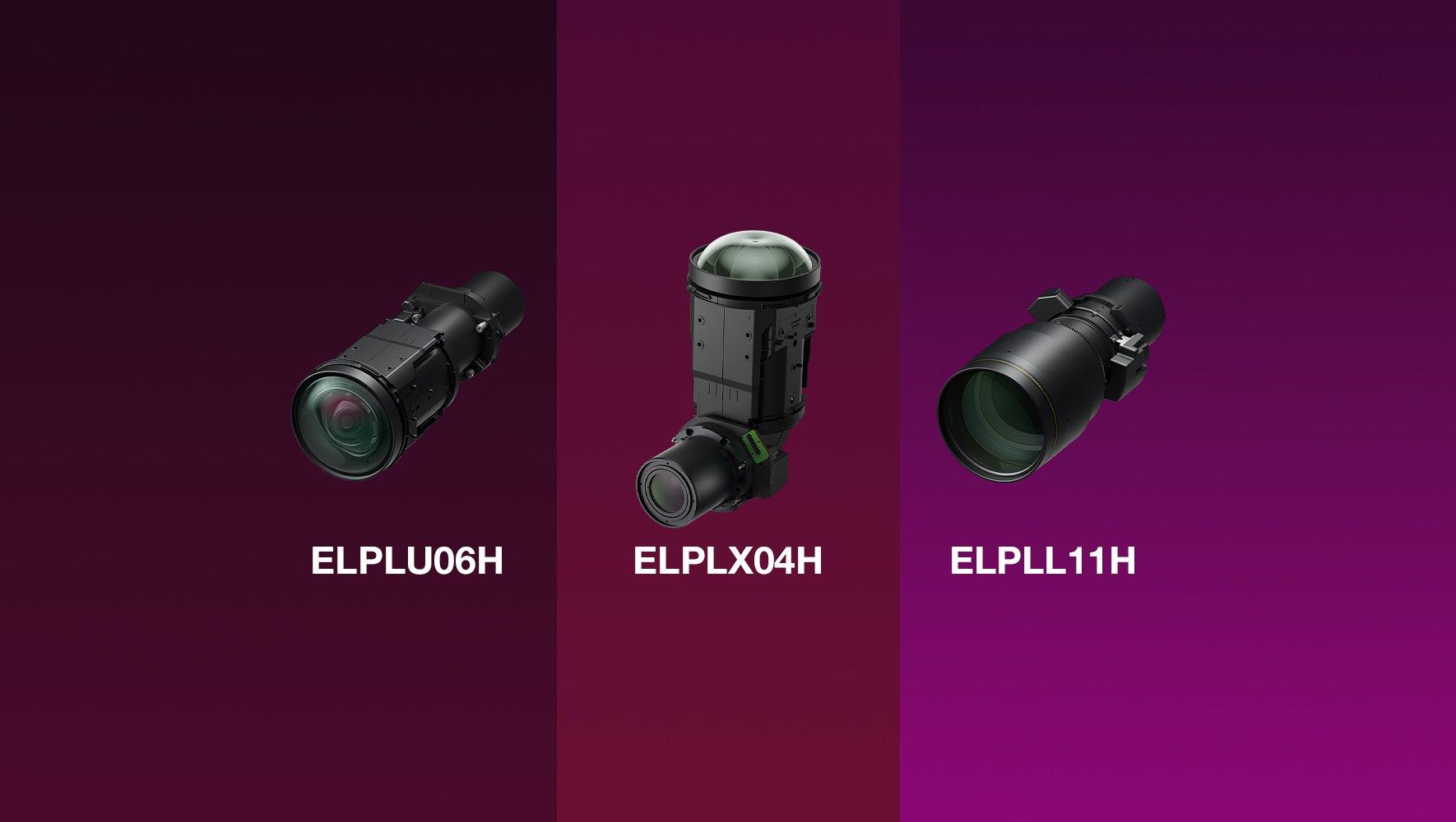 Image of three lenses on a three-colored background: ELPLU06H, ELPLX04H, ELPLL11H.
