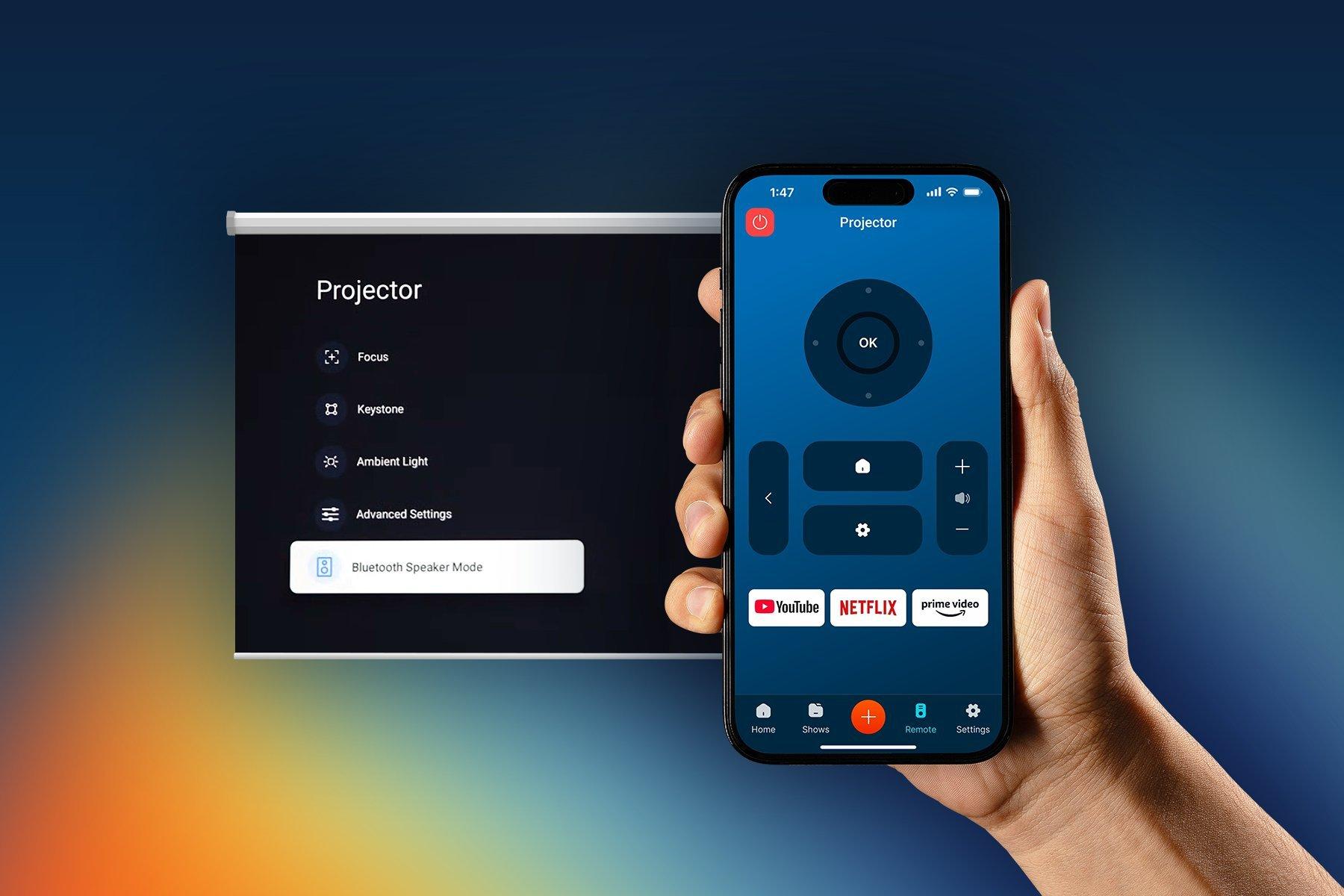 The Epson Studio Projector App shown on a mobile phone acting as a remote control, with buttons for raising and lower volume, various streaming services and a Home button, among others.