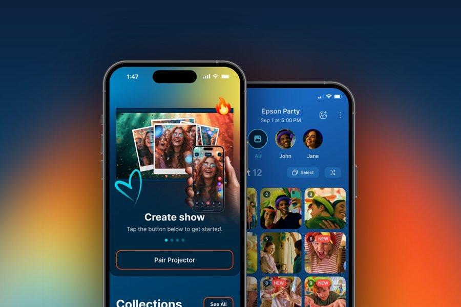 The Epson Projector Studio App on a mobile phone, showing the option to "Create Show" and "Pair Projector". Behind is a second phone. showing a media library of photos and videos to be shown in the slideshow.