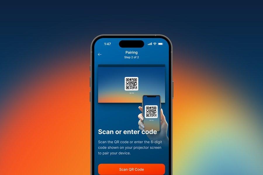 Epson Projector Studio App showing a pairing screen, indicating to either scan a QR code or enter an 8-digit code shown on the projector screen to pair the mobile device.