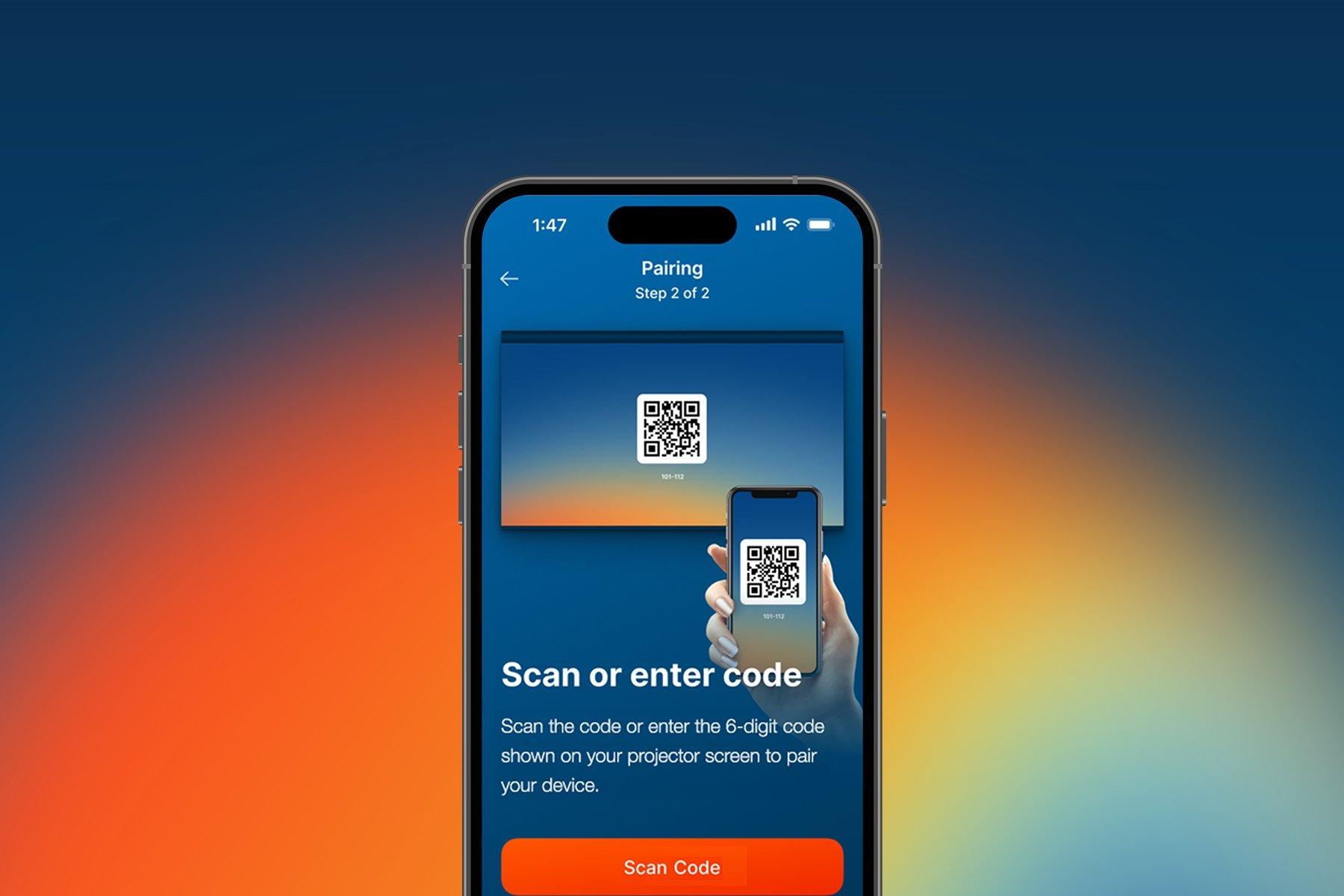Epson Projector Studio App showing a pairing screen, indicating to either scan a code or enter an 8-digit code shown on the projector screen to pair the mobile device.