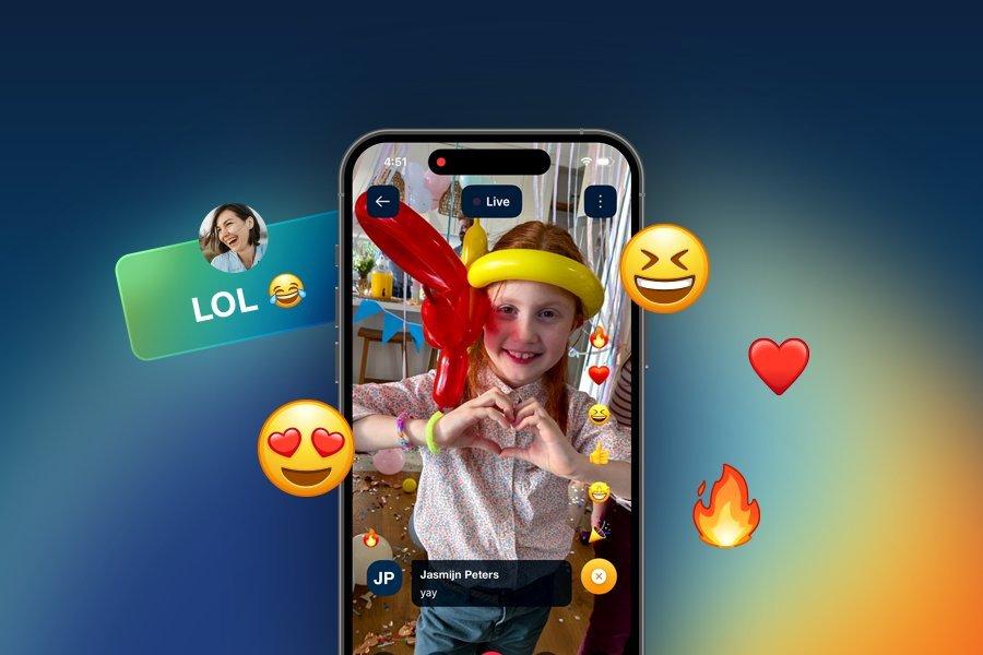 The Epson Projector Studio App showcasing the interaction with guests. Over top of the show on mobile device are various reaction emojis, like a love heart, and the fire emoji. One guest types "LOL".