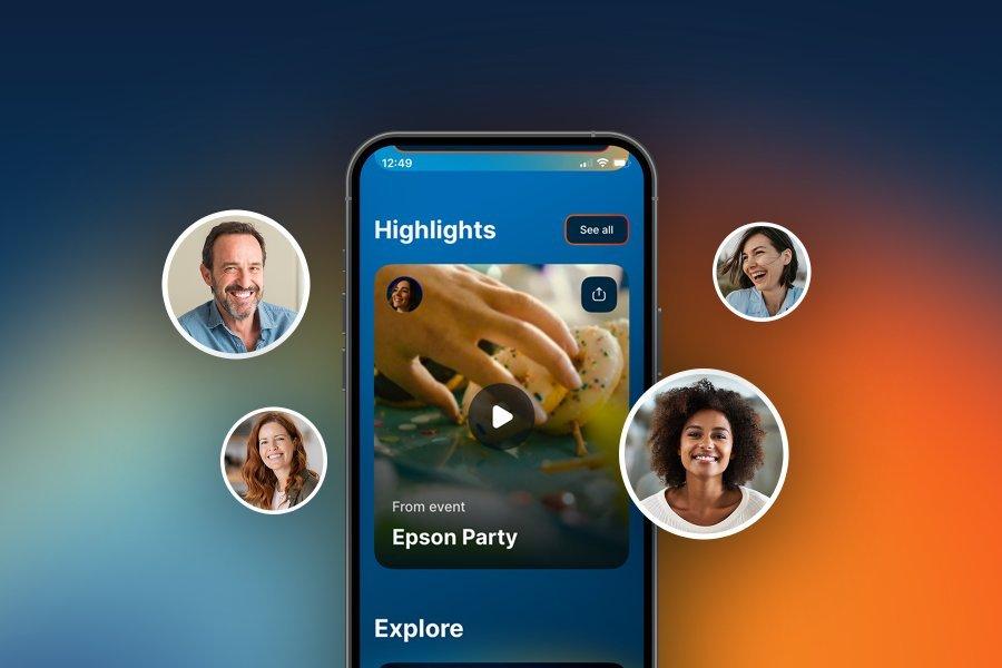 Epson Projector Studio App showcasing the highlight reel functionality, saying which event the highlight is from and with the option to share it with others.