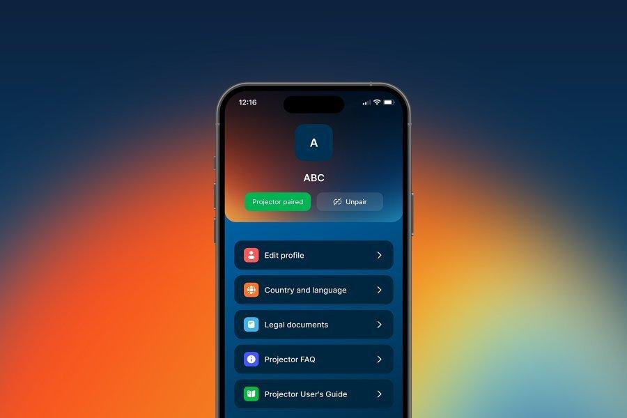 Epson Projector Studio App showcasing the options screen, with sections for editing profile, changing country and language, legal documents, and projectors FAQs.