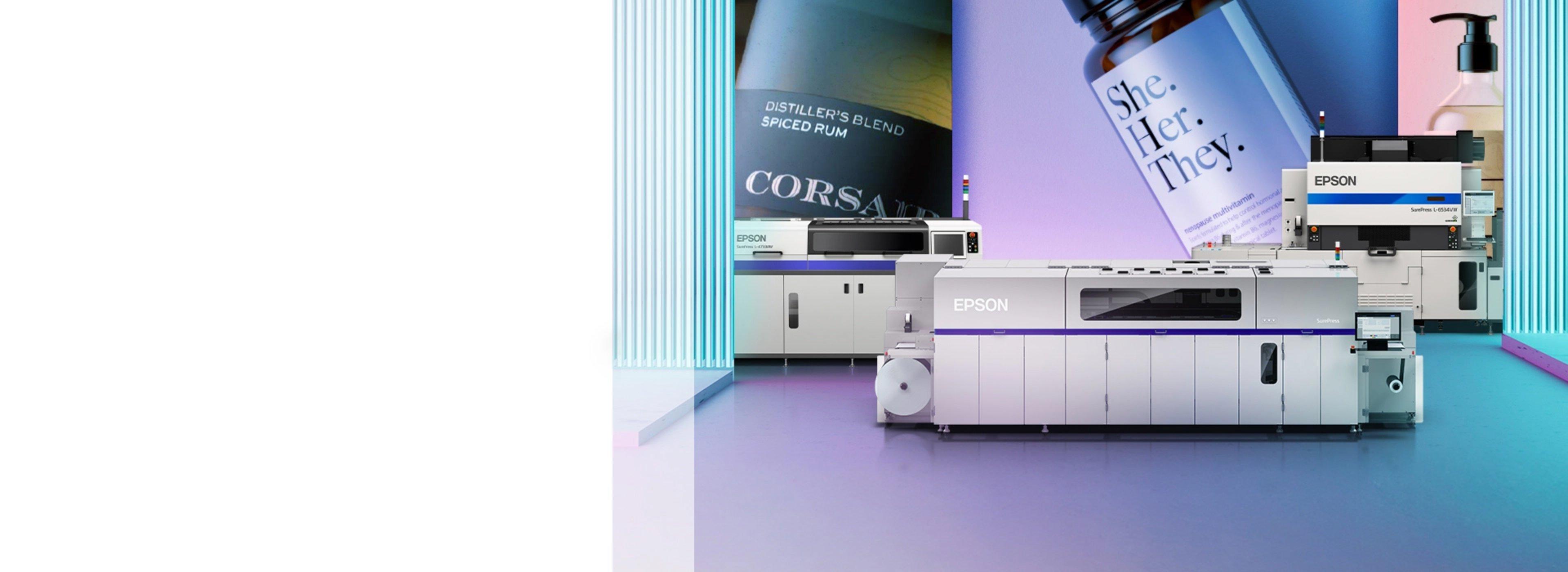 Epson industrial printers in a modern setting with vibrant product labels in the background.