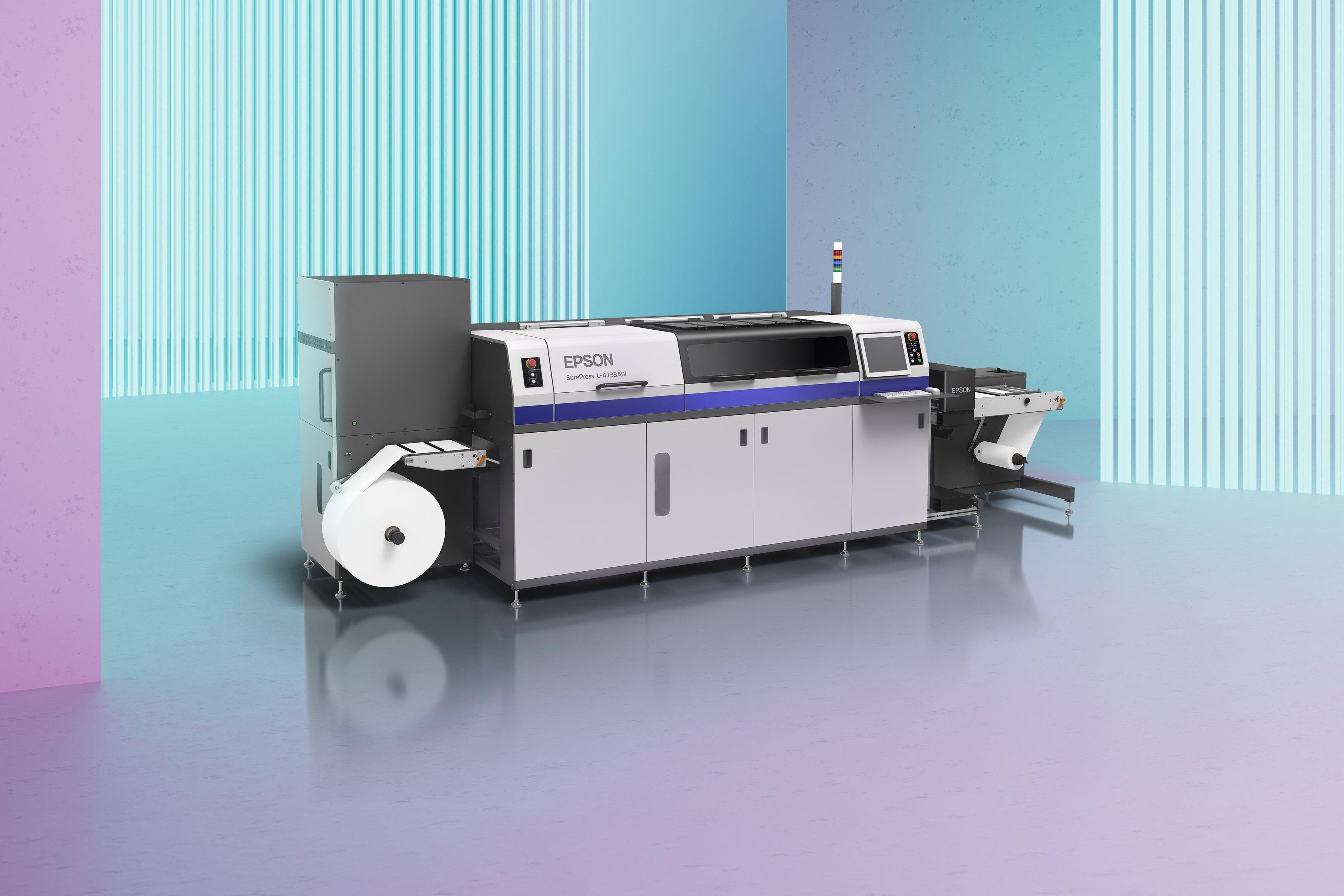 A large Epson industrial printer stands in a modern, sleek room.