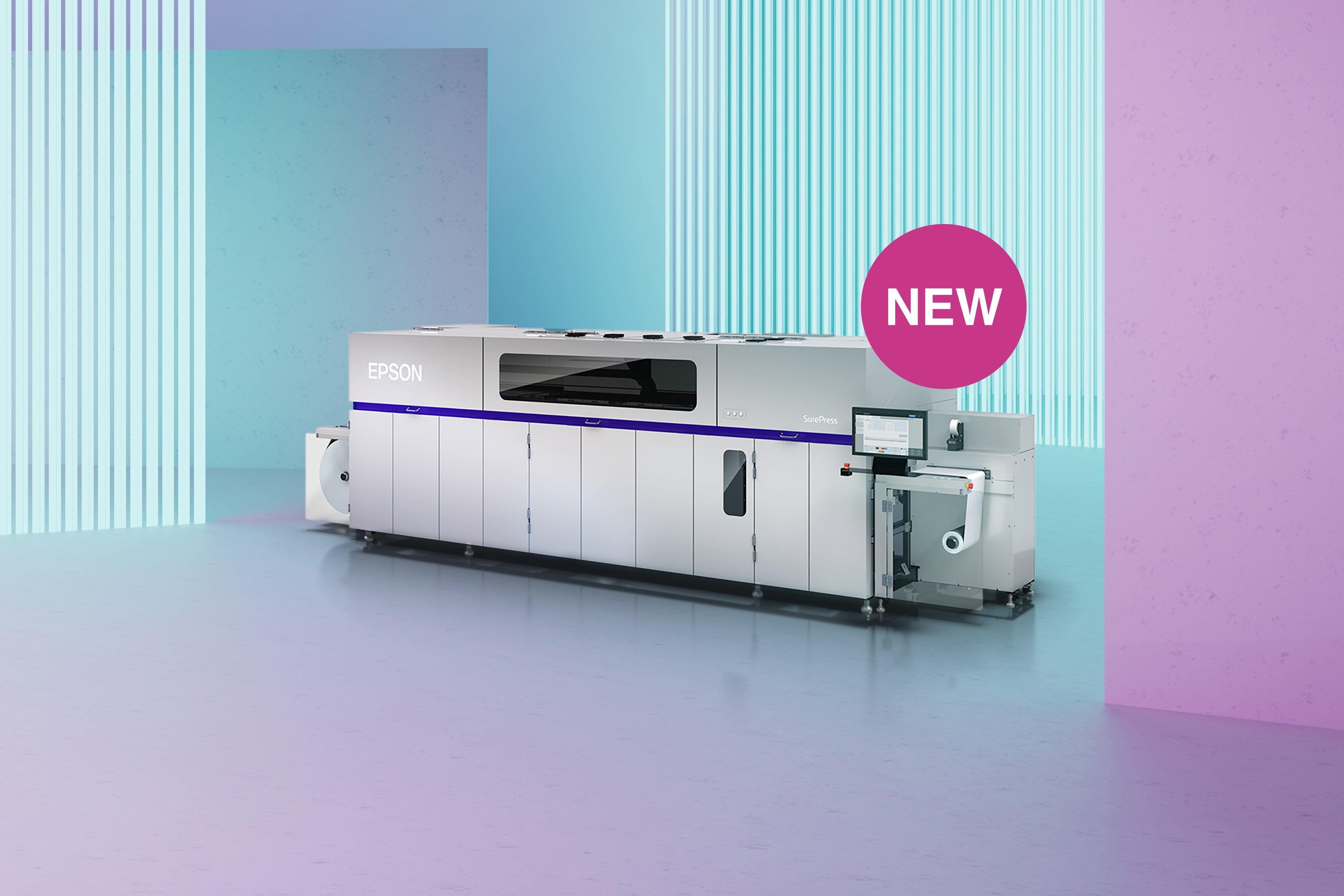 Large industrial printer with sleek, modern design labeled "Epson."