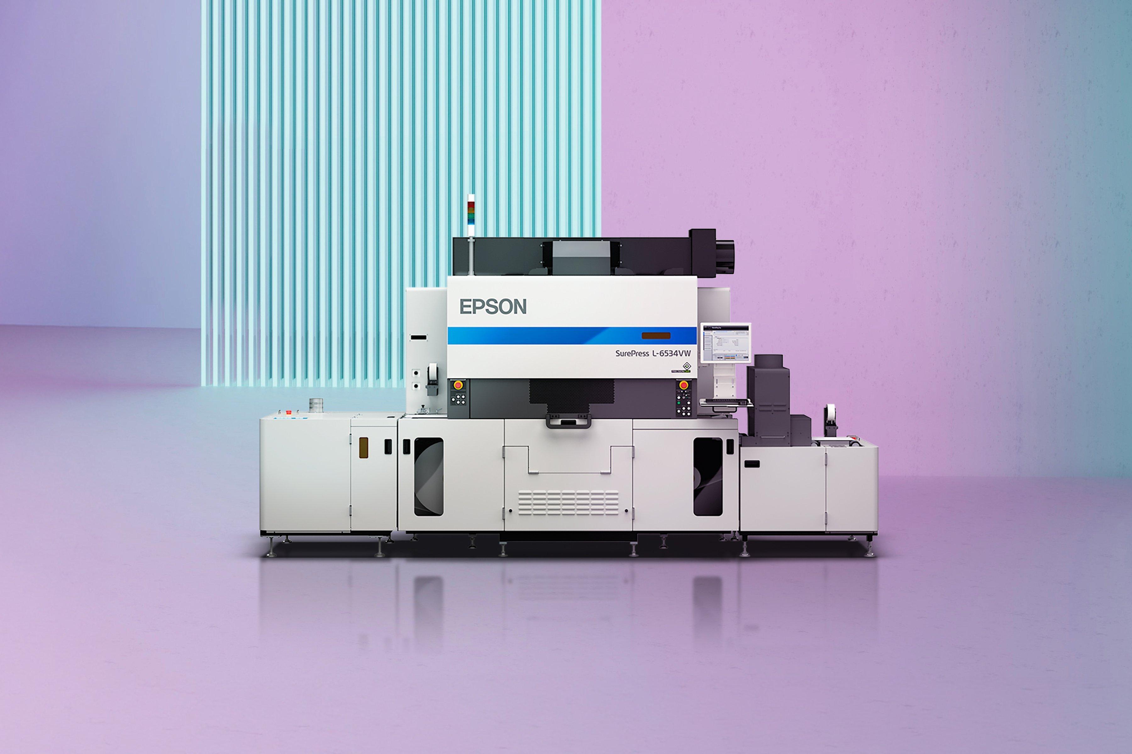 Professional, high-tech Epson printing machine on a modern, violet-toned background.