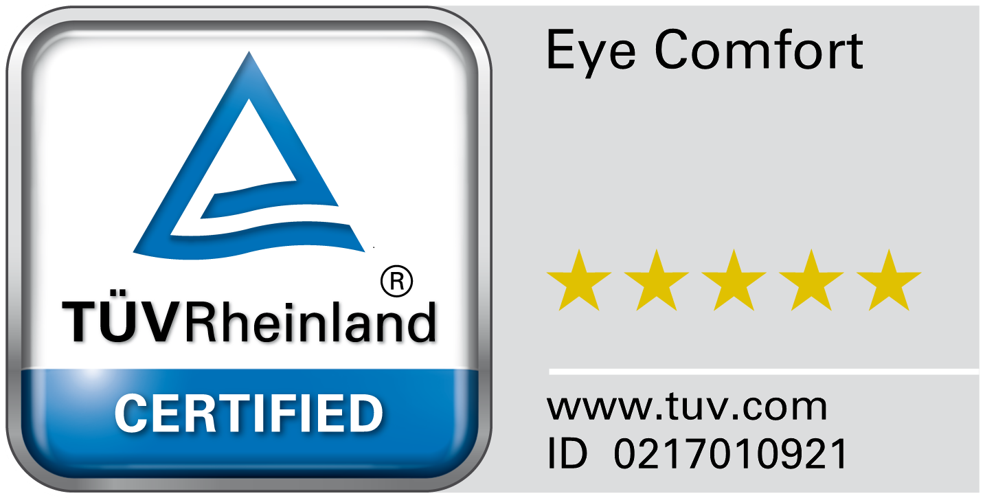 Logo der 5-Sterne-Zertifizierung „TÜV Rheinland Eye Comfort“