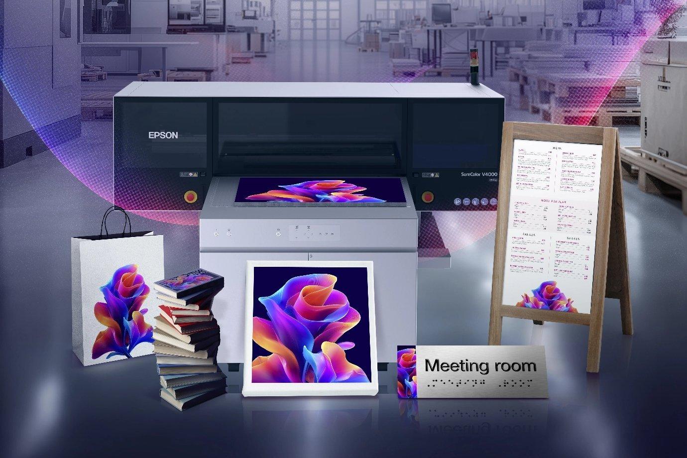 An epson printer with vibrant images around it