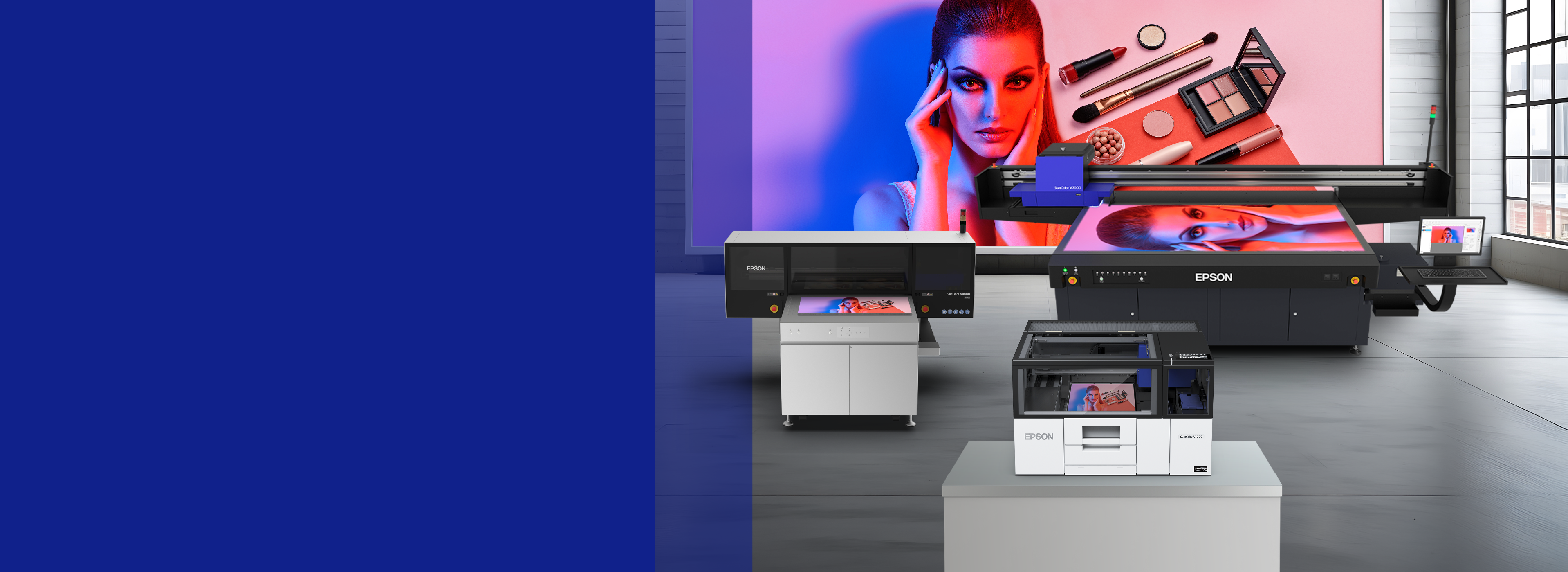 A spacious blue and white room featuring a large printer prominently displayed.