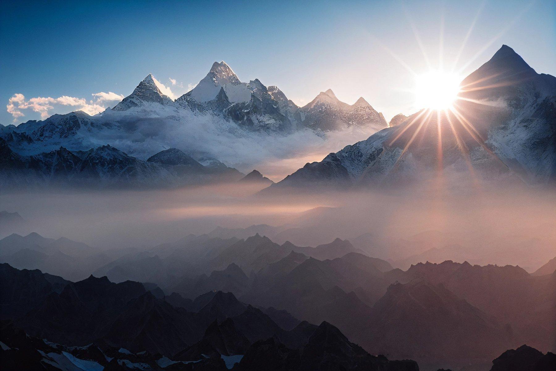 A stunning sunrise over jagged mountain peaks with a bright sun creating a starburst effect; mist and clouds add a serene and majestic atmosphere.