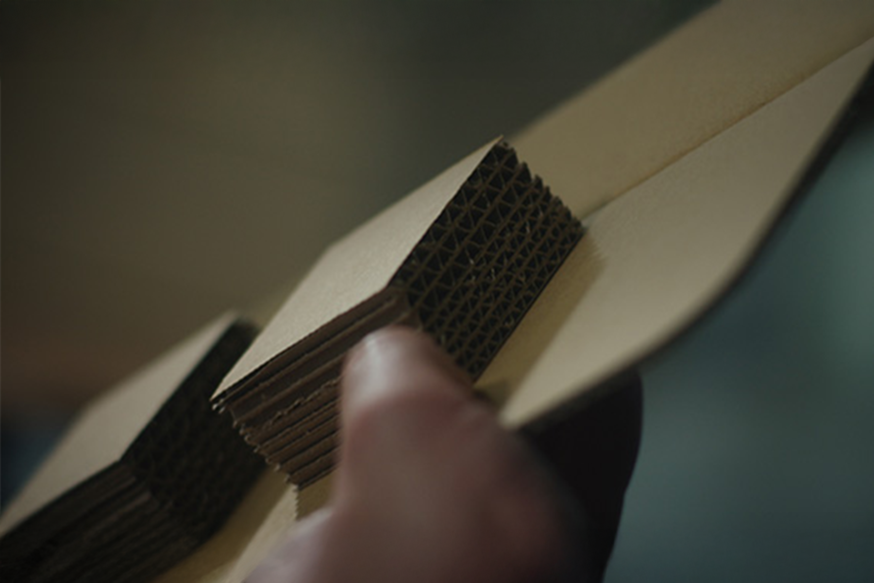 Close-up of a hand holding a piece of corrugated cardboard, showcasing its layered and textured structure.